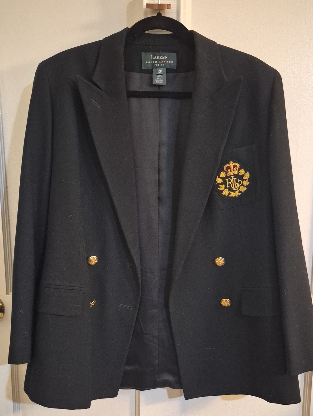 Ralph Lauren Black Double-Breasted Blazer with Gold Embroidered Crest